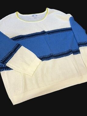 Tribal Cream and Blue Striped Crewneck Sweater